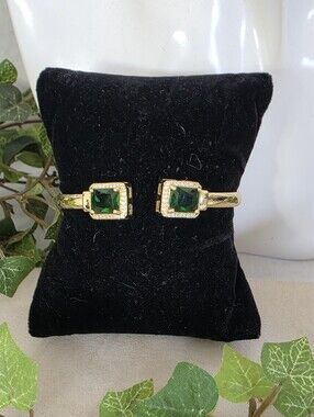 Gold Filled Emerald Green Crystal Cushion Cut Open Cuff Bypass Bracelet